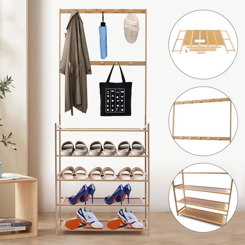 None 69.29 in. H 12-Pair Multifunctional Wood Shoe Rack with 10 Hooks