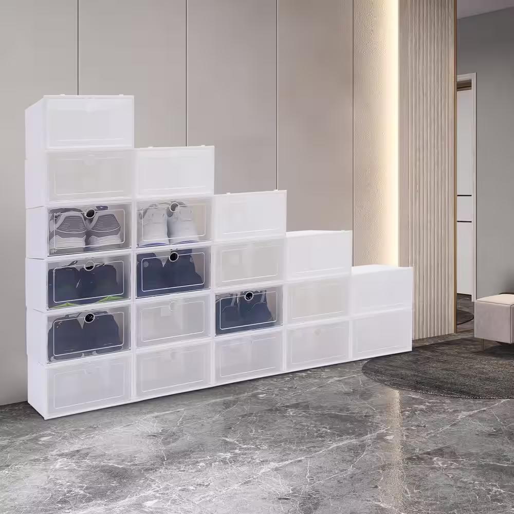 None 20-Pair White Stackable Plastic Shoe Boxes