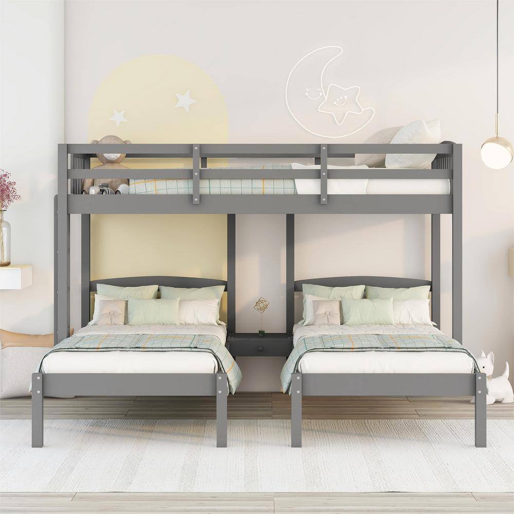 Qualler Gray Twin Over Twin and Twin Bunk Bed with Built-in Middle Drawer