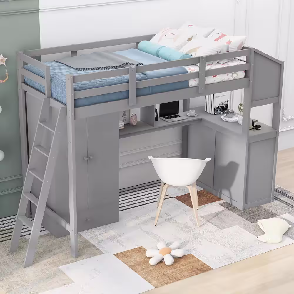 Harper & Bright Designs Gray Twin Loft Bed with Wardrobe, 7-Drawers and Attached Desk with Shelves
