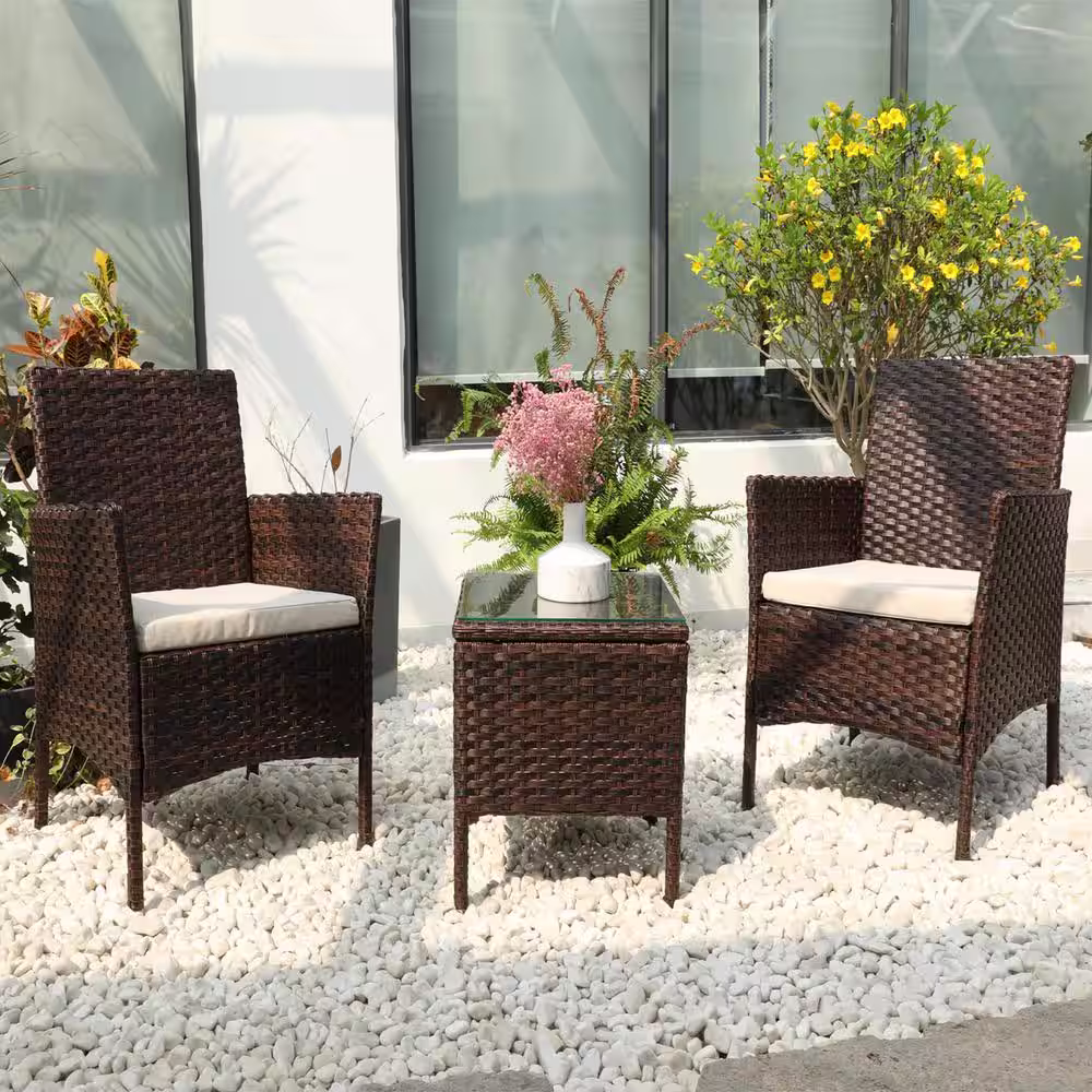 DIRECT WICKER Alice Brown 3-Piece Wicker Outdoor Bistro Set with White Cushions