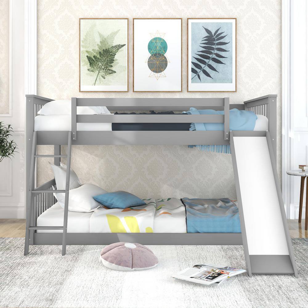 Harper & Bright Designs Classic Gray Full over Full Wooden Bunk Bed with Convertible Ladder and Slide
