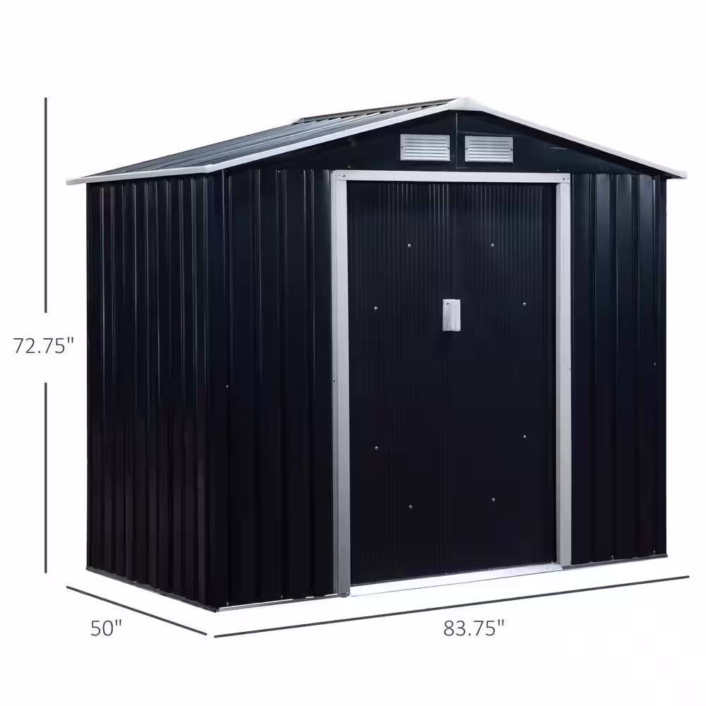 Outsunny 4 ft. x 7 ft. x 6 ft. Grey Metal Outdoor Backyard Shed with 4 Vents and 2 Sliding Doors