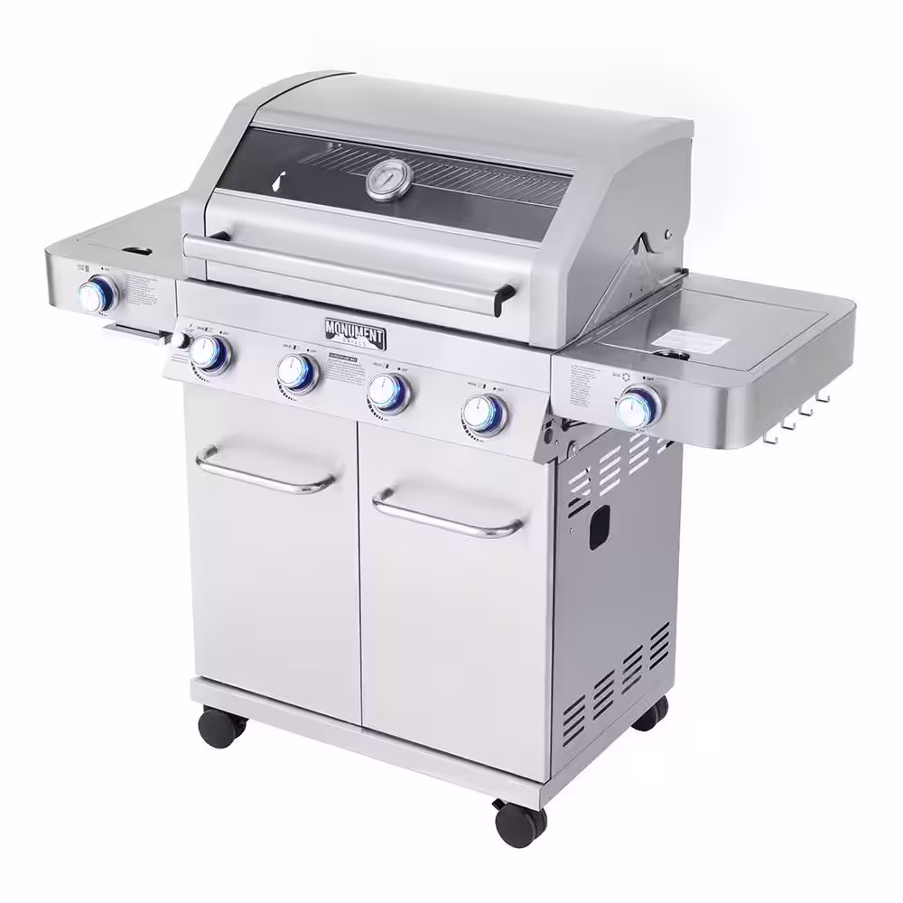 Monument Grills 4-Burner Propane Gas Grill in Stainless with Clear View Lid, LED Controls, Side and Sear Burners