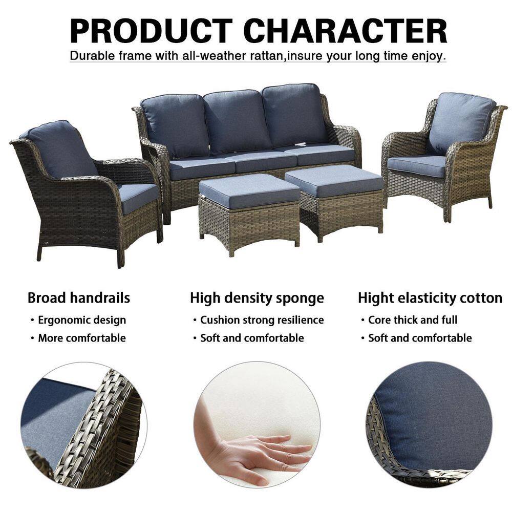 OVIOS Joyoung Gray 5-Piece Wicker Patio Conversation Seating Set with Denim Blue Cushions