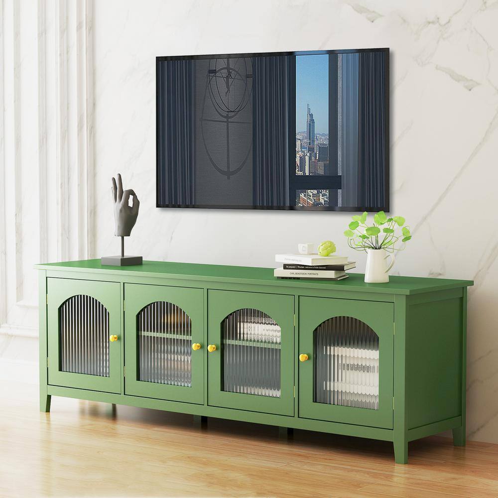 Magic Home 70.87 in. Antique Green Wood Display Cabinet Storage TV Stand Entertainment Media Console Table with Glass Doors