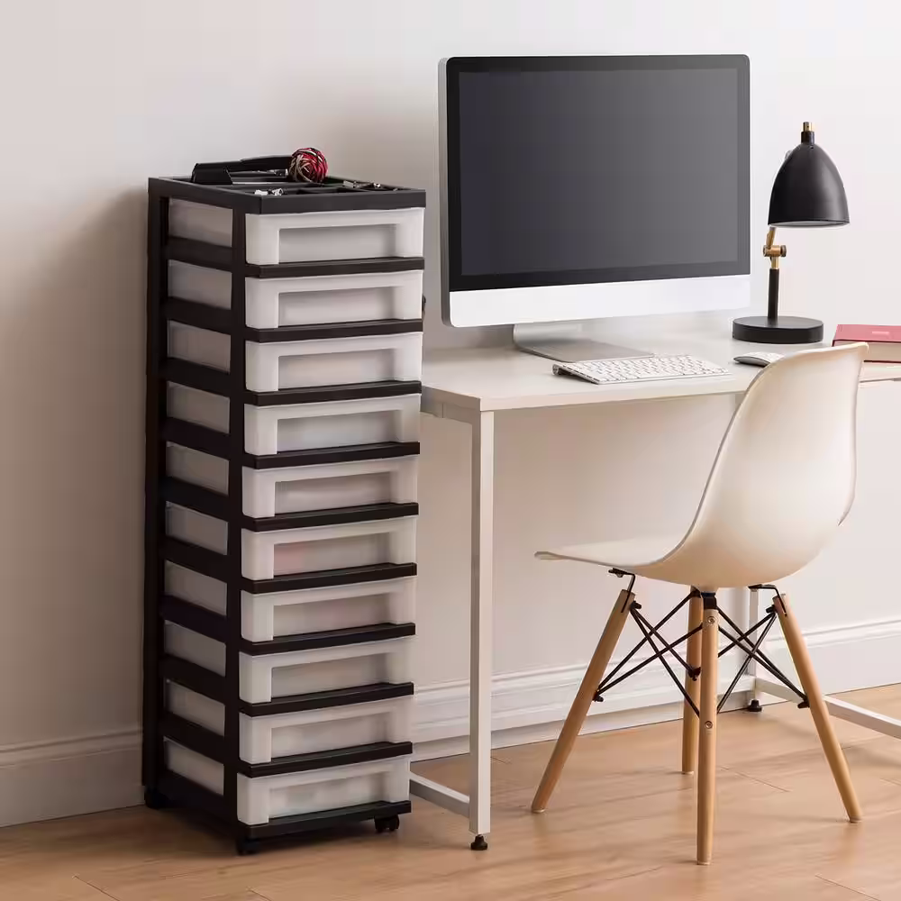 None 54-Qt. 14.25 in. L x 12.05 in. W x 42.25 in. H 10-Drawer Cart with Organizer Top Storage Bin in Black/Pearl