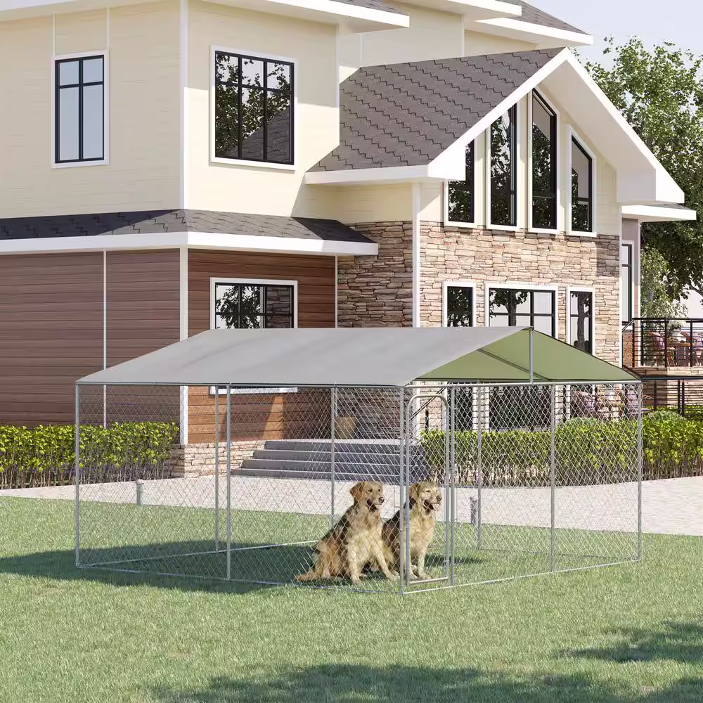 PawHut 13 ft. x 13 ft. x 7.5 ft. Silver Galvanized 0.004-Acre In-Ground Steel Dog Kennel with Cover Secure Lock Mesh Sidewalls