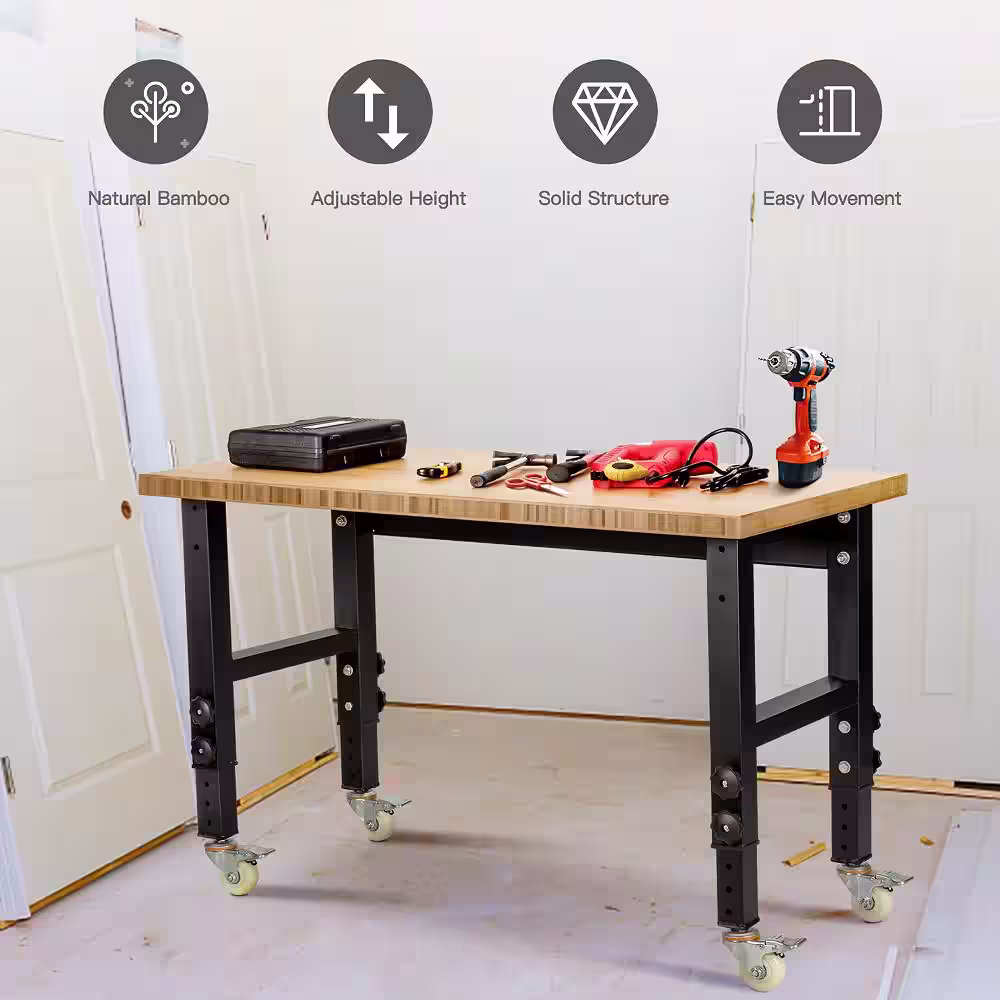 Costway 48 in. x 24 in. Adjustable Height Workbench Mobile Tool Bench Bamboo Top with Caster Nature