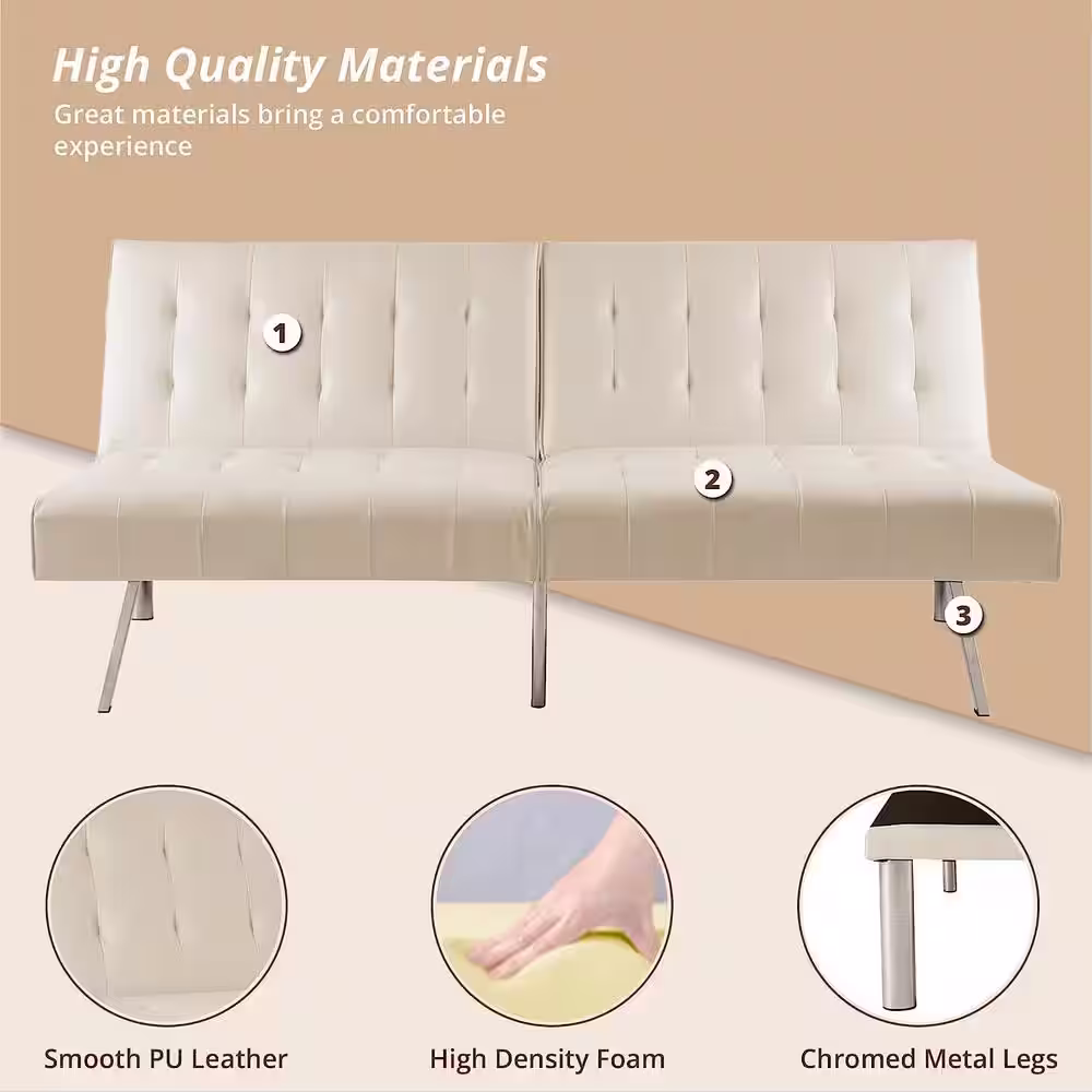 HOMESTOCK Cream, Linen Tufted Split Back Futon Sofa Bed, Couch Bed, Futon Convertible Sofa Bed with Metal Legs