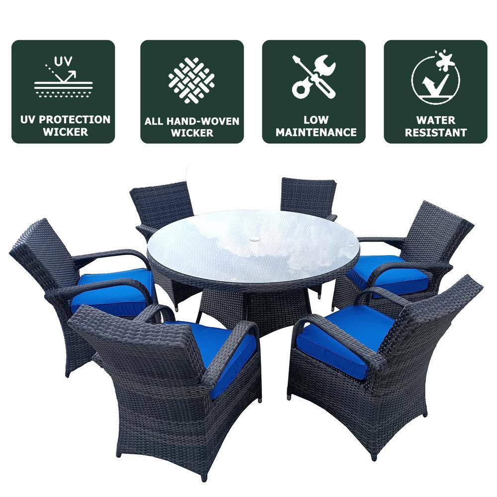 None 7-Piece Aluminum Frame Wicker Outdoor Dining Set with Blue Cushion and Tempered Glass Top Round Table