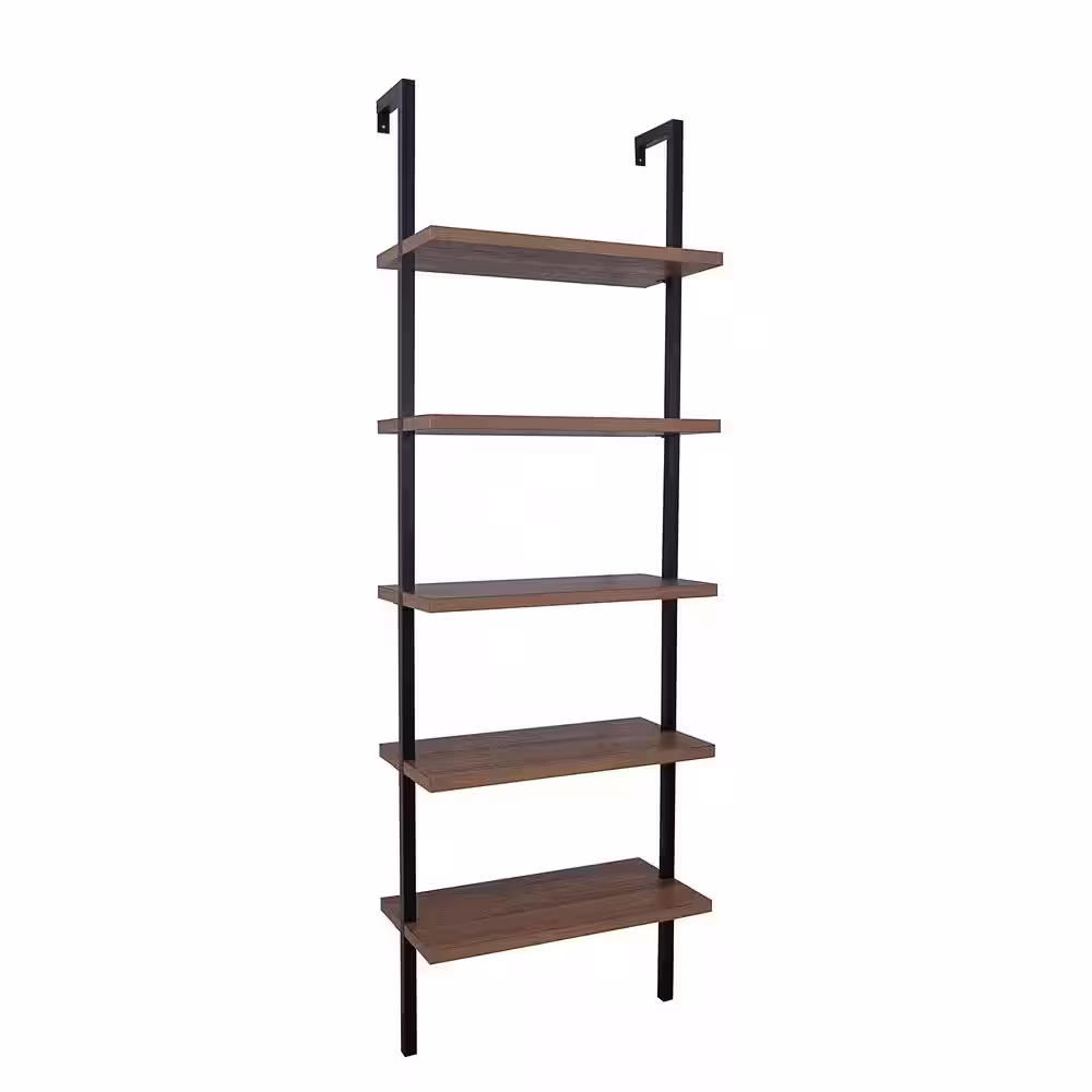 Nathan James Theo 73 in. Matte Black Reclaimed Oak Wood 5-Shelf Ladder Bookcase with Black Metal Frame