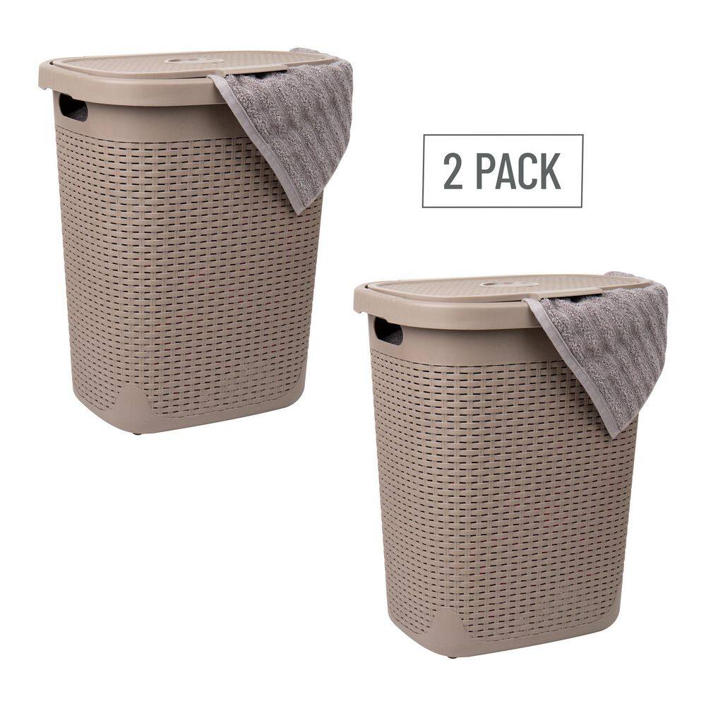 Mind Reader Basket Collection, Slim Laundry Hamper, 50 Liter (15kg/33lbs) Capacity, Attached Hinged Lid, Set of 2, Tan