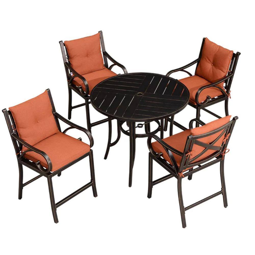 PURPLE LEAF Modern 5-Piece Cast Aluminum Outdoor Bistro Set with Back and Arm Brick Red Cushion Counter Height Metal Bar Chairs