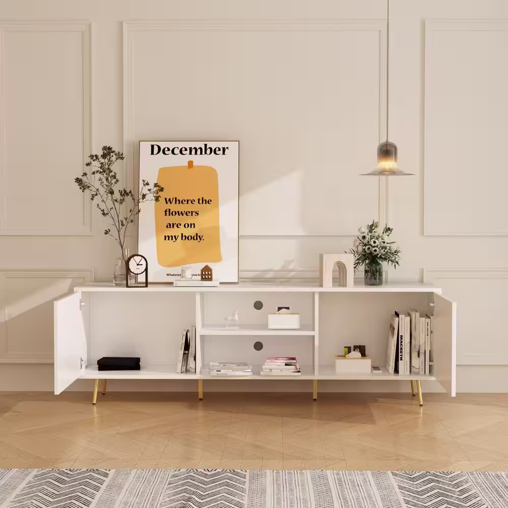 None 69 in. W White Wood Accent Storage Cabinet Sideboard Cupboard