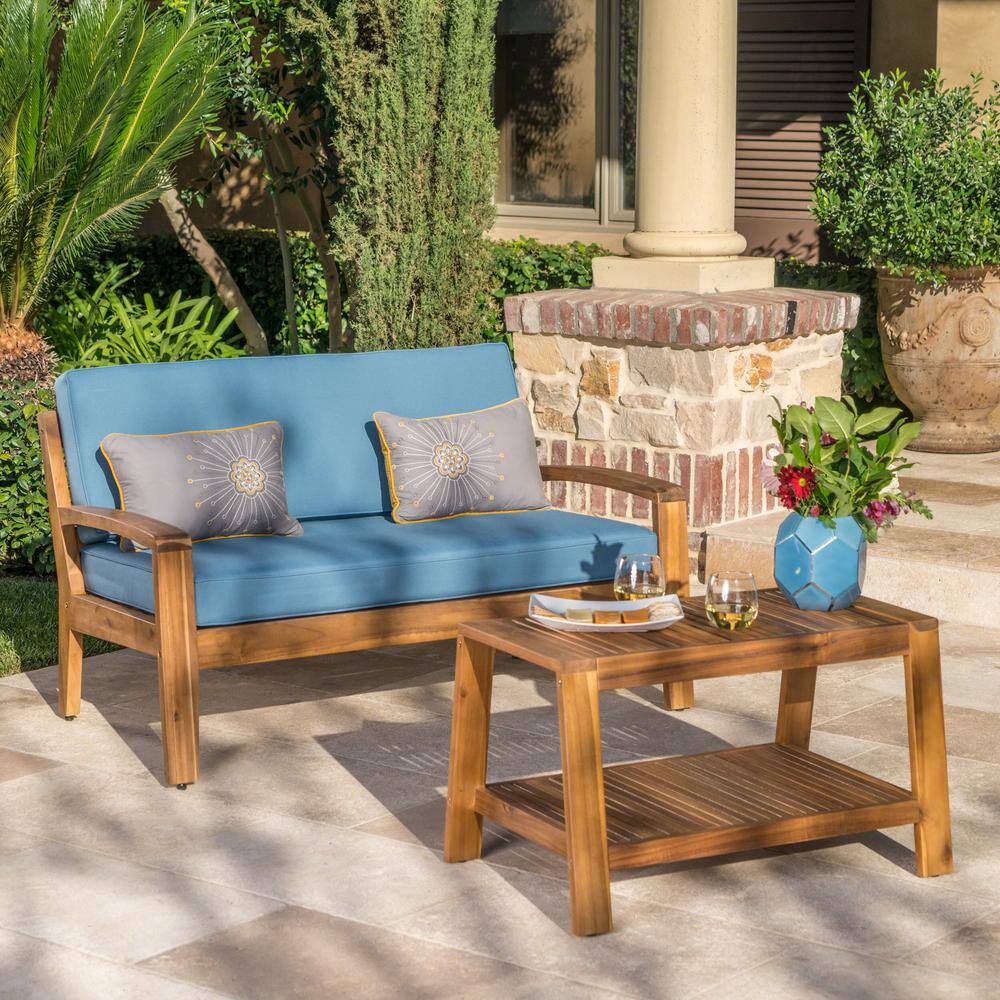 Noble House Grenada Teak Brown 2-Piece Wood Patio Conversation Set with Blue Cushions