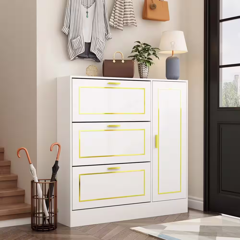 None 47.2 in. H x 47.2 in. W Shoe Storage Cabinet White Gold with 3-Drawers, 1-Cabinet for 27-Pairs