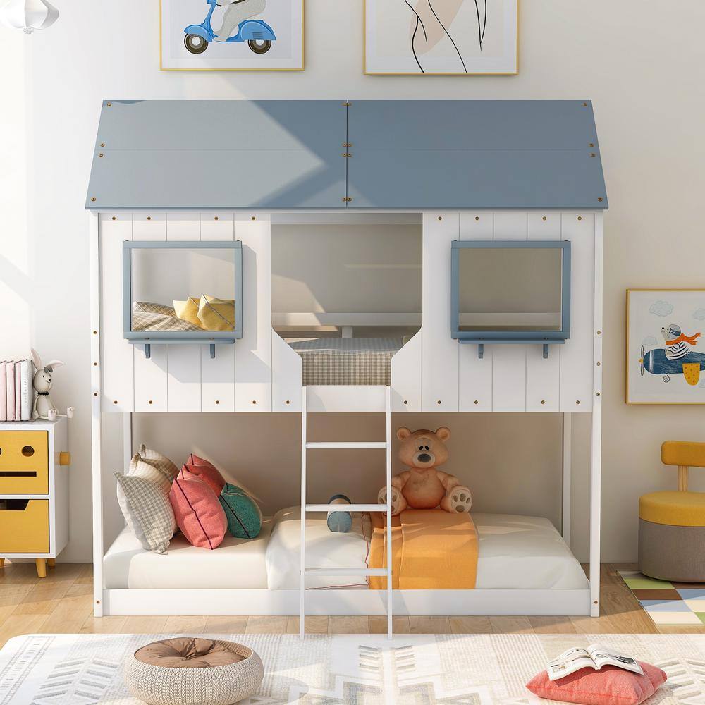 Harper & Bright Designs White Twin Over Twin Wood House Bunk Bed with Roof and Window