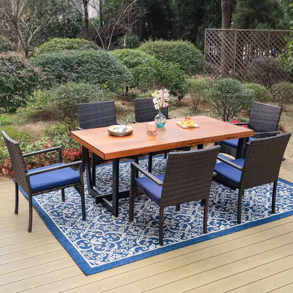 None Black 7-Piece Metal Patio Wood Outdoor Dining Set with Rectangular Table and Rattan Chair with Blue Cushion
