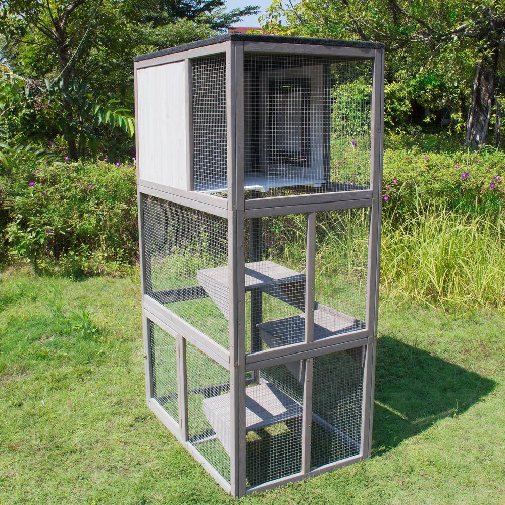 zoovilla Grey and White Cat Climber with Partially Enclosed House Area and Large Run