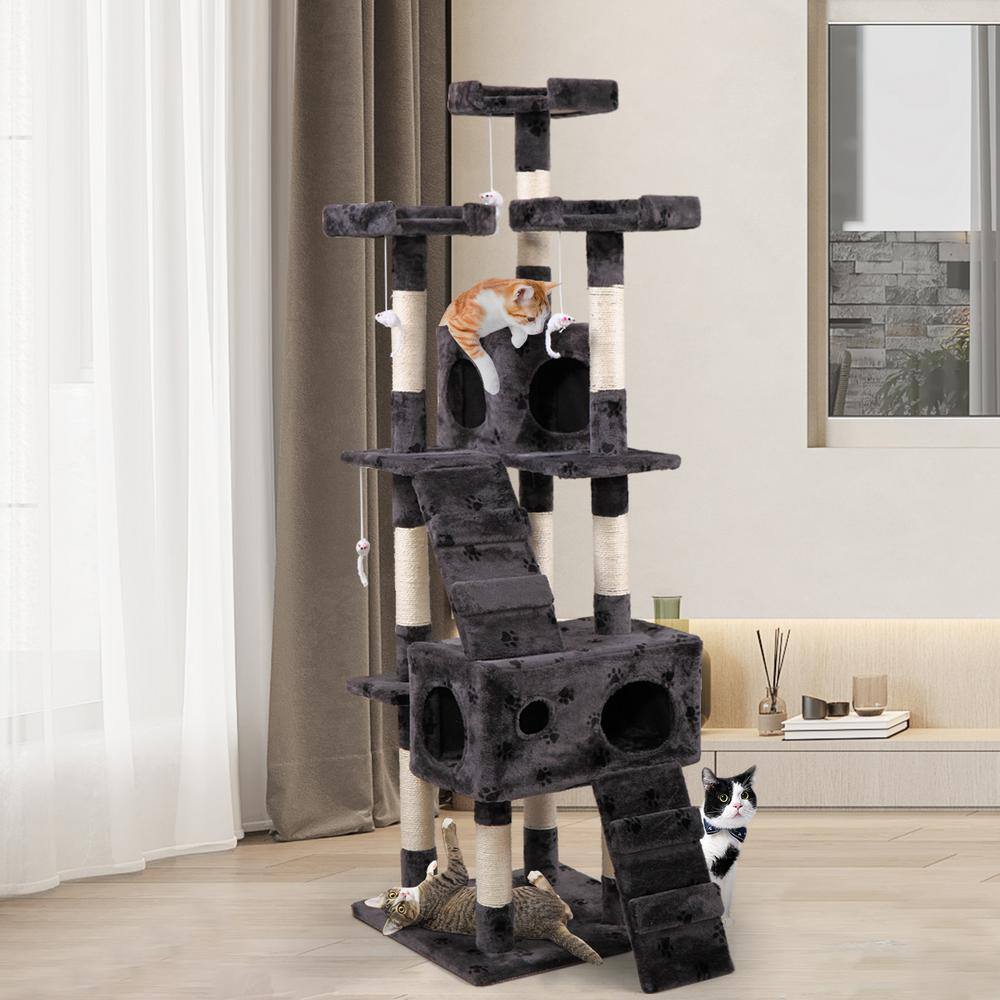 COZIWOW 67 in. Grey with Paw Print Cat Tree Tower Kitten Condo House