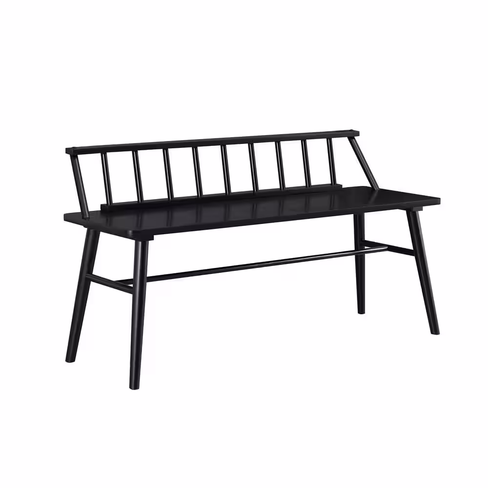 Welwick Designs Black Solid Wood Scandinavian Bench with Low Spindle Back (26 in. H x 48 in. W x 17 in. D)
