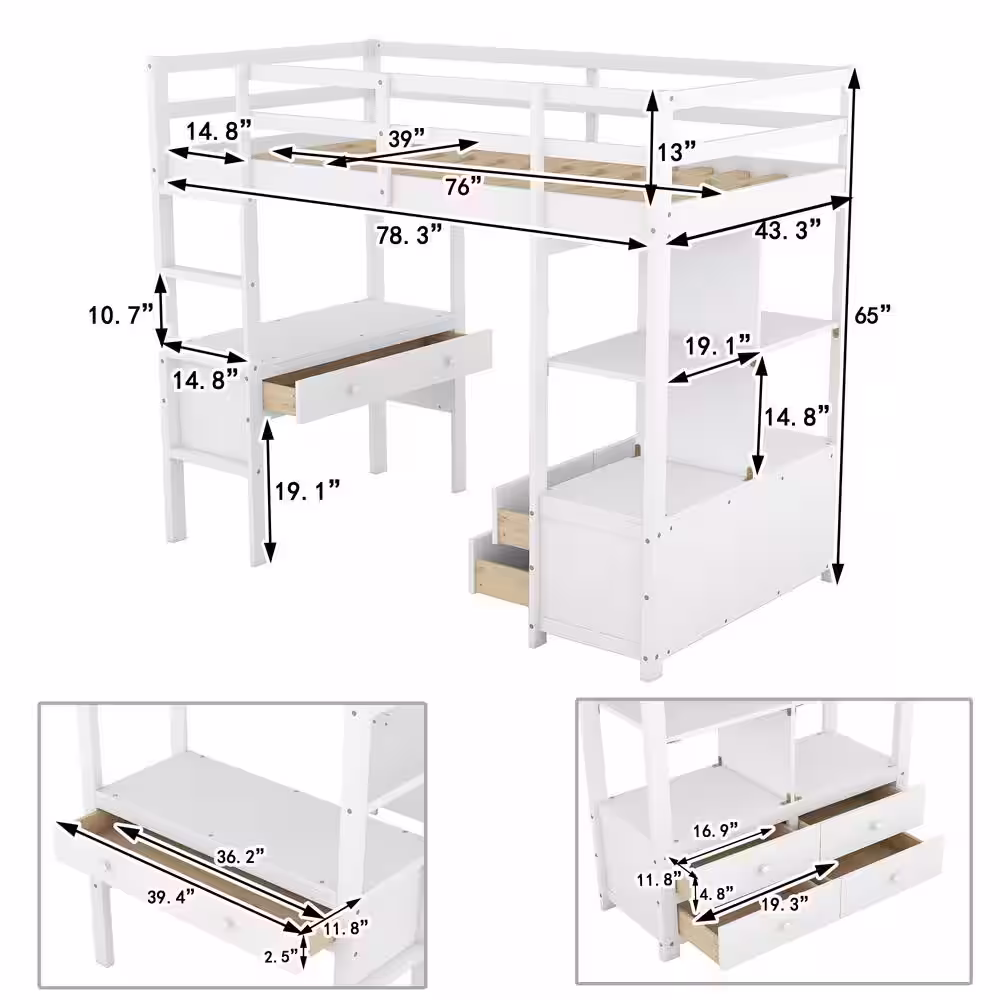 Harper & Bright Designs White Twin Size Wooden Loft Bed with Storage Shelves, Built-in Desk and 6 Drawers