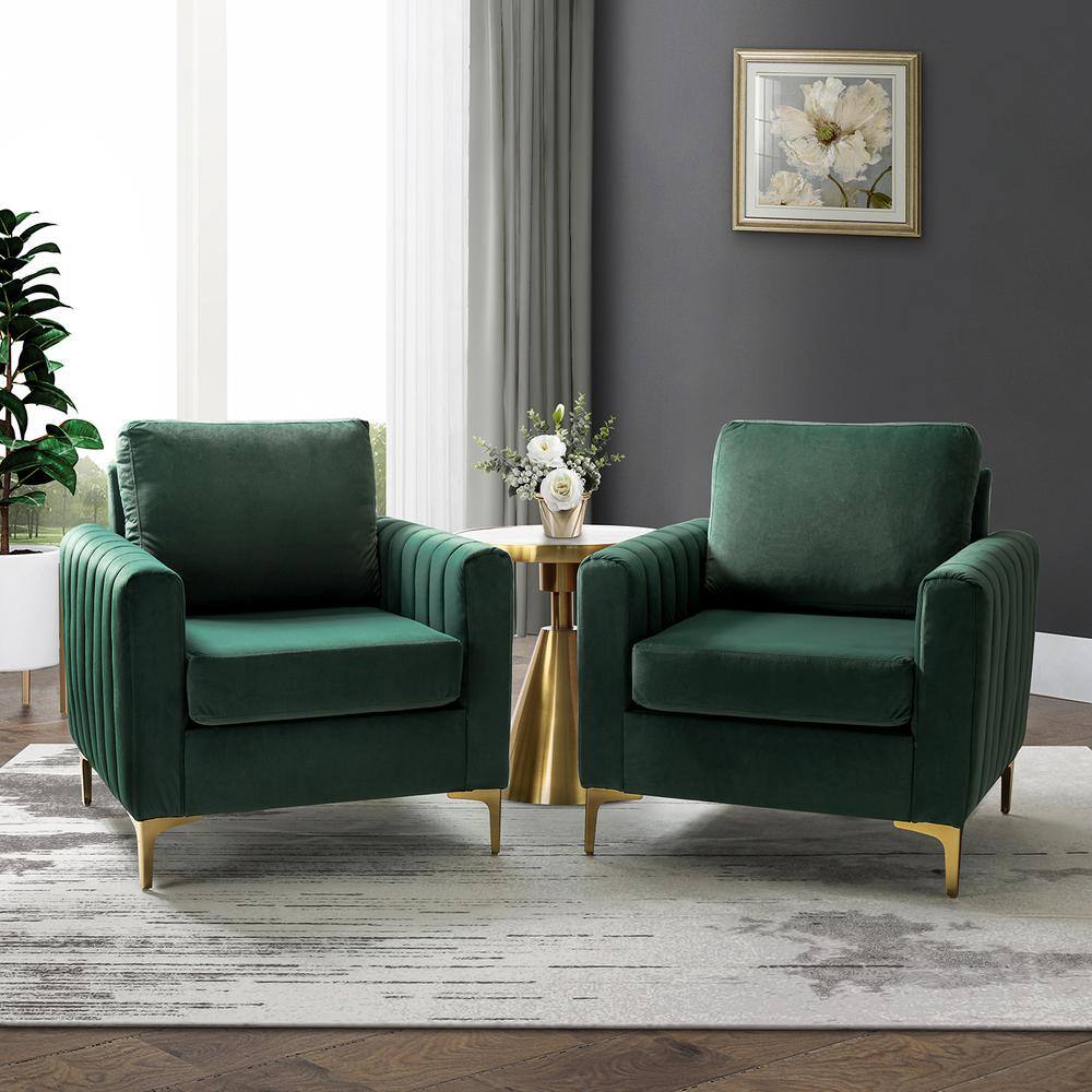 JAYDEN CREATION Ennomus Modern Green Velvet Cushion Back Club Chair with Golden Metal Legs and Track Arms (Set of 2)