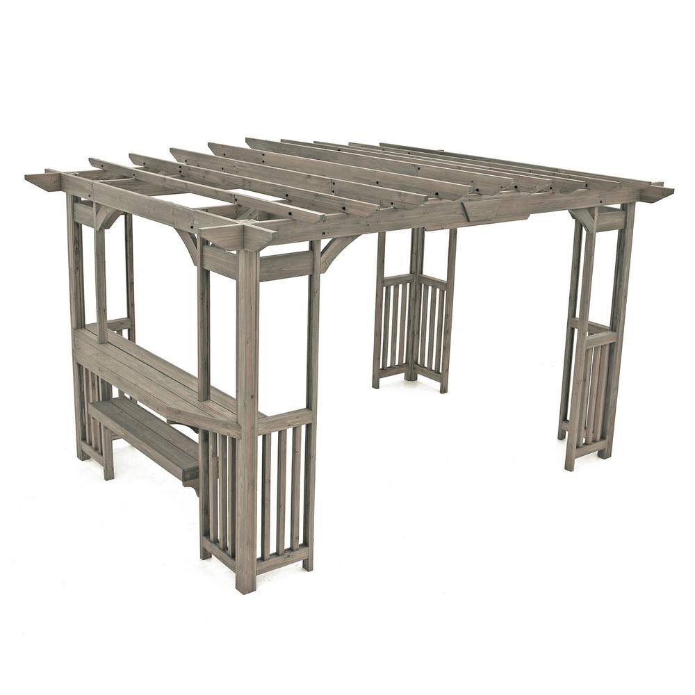 Yardistry Madison 10 ft. x 14 ft. Timber Gray Cedar Wood Backyard Patio Pergola Including UV Sun Shade, Counter, Bar and 2 Stools