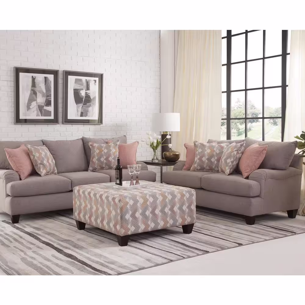 American Furniture Classics Traditional Series 84 in. W Rolled Arm Fabric Straight Sofa with 4 Accent Pillows in Gray