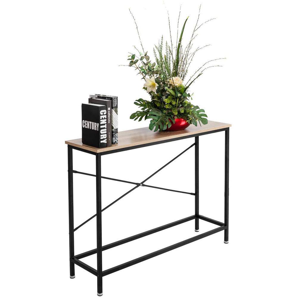 None 41.34 in. Standard Rectangle Oak Wood Console Table with Shelves