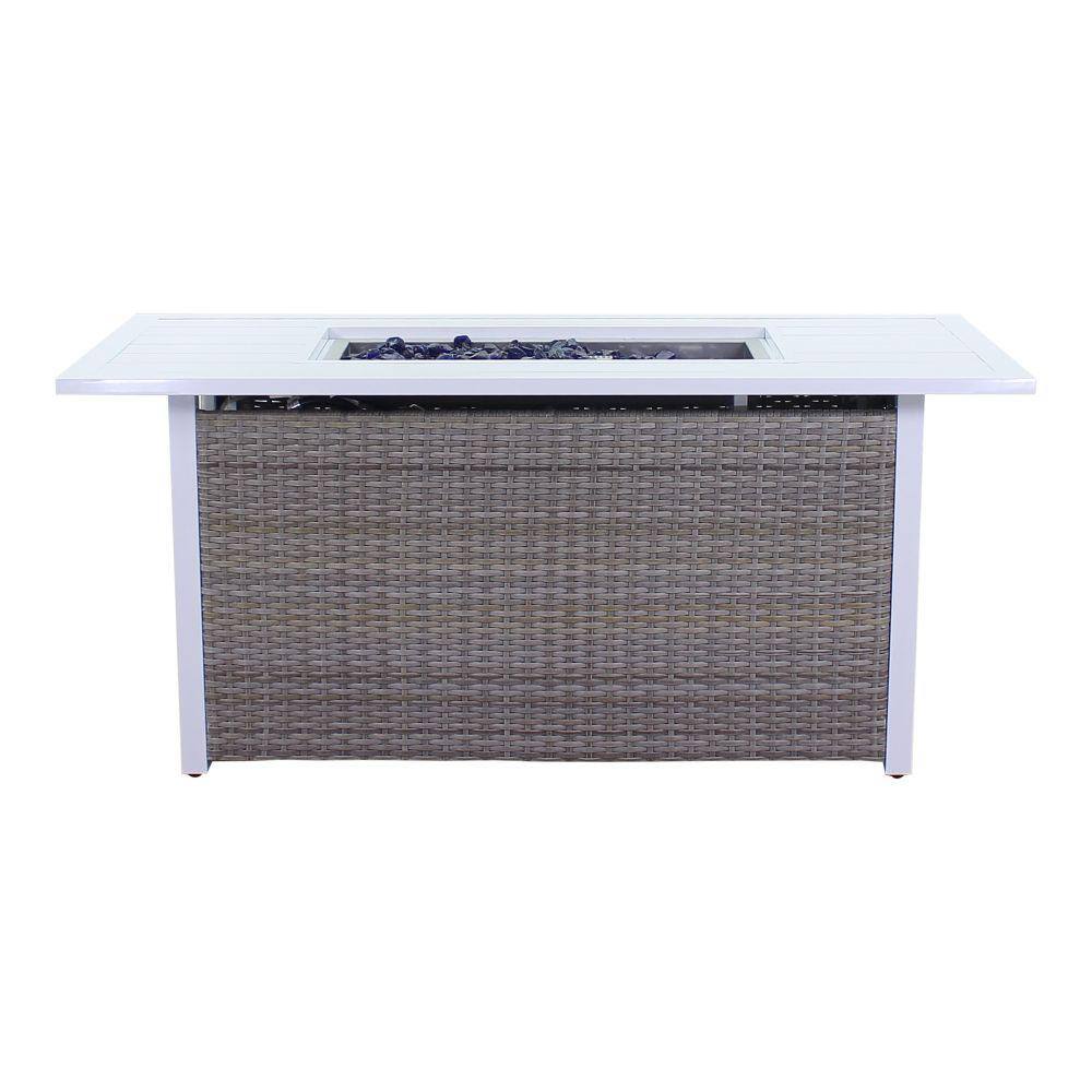 Courtyard Casual Santa Fe Aluminum Rectangle Fire Pit in White with 18 lbs. of Blue Fire Glass