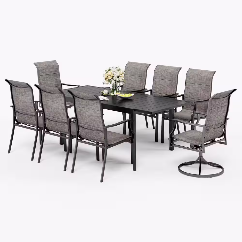None Black 9-Piece Metal Outdoor Dining Set with Padded Swivel Rocker Texitilene Chair and Expandable Table