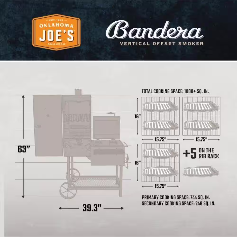 OKLAHOMA JOE'S Bandera Vertical Offset Smoker and Charcoal Grill Combo in Black with 992 sq. in. Cooking Space