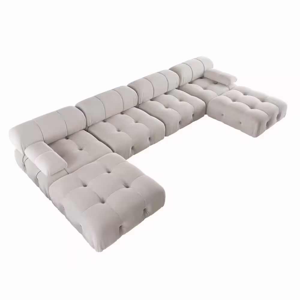 J&E Home 138.6 in. W Square Arm 4-Piece U Shaped Velvet Free Combination Sectional Sofa with Ottoman in Beige