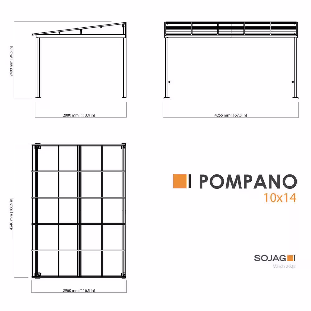 Sojag Pompano 10 ft. x 14 ft. Charcoal Wall Mounted Rustproof Aluminum Framed Gazebo