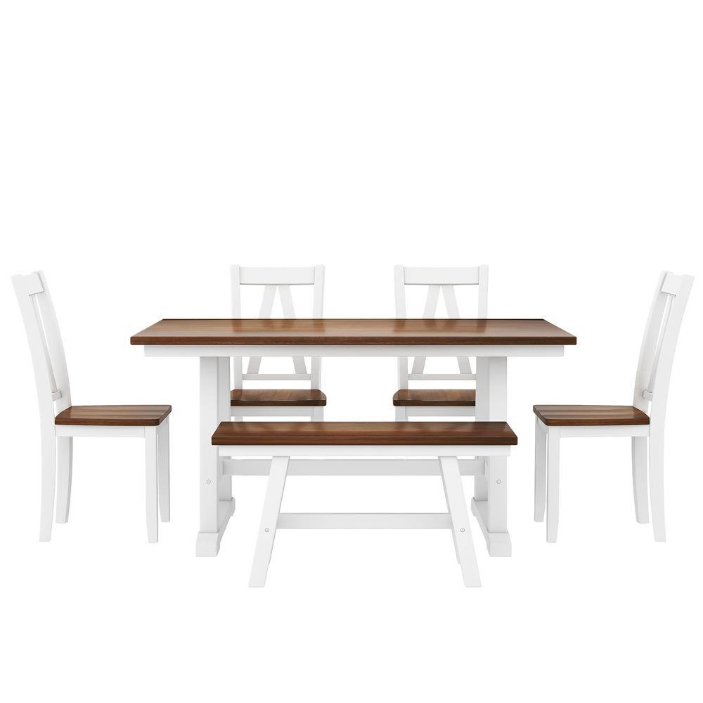 Harper & Bright Designs Farmhouse 6-piece Walnut and White Rectangle MDF Top Dining Table Set Seats 6