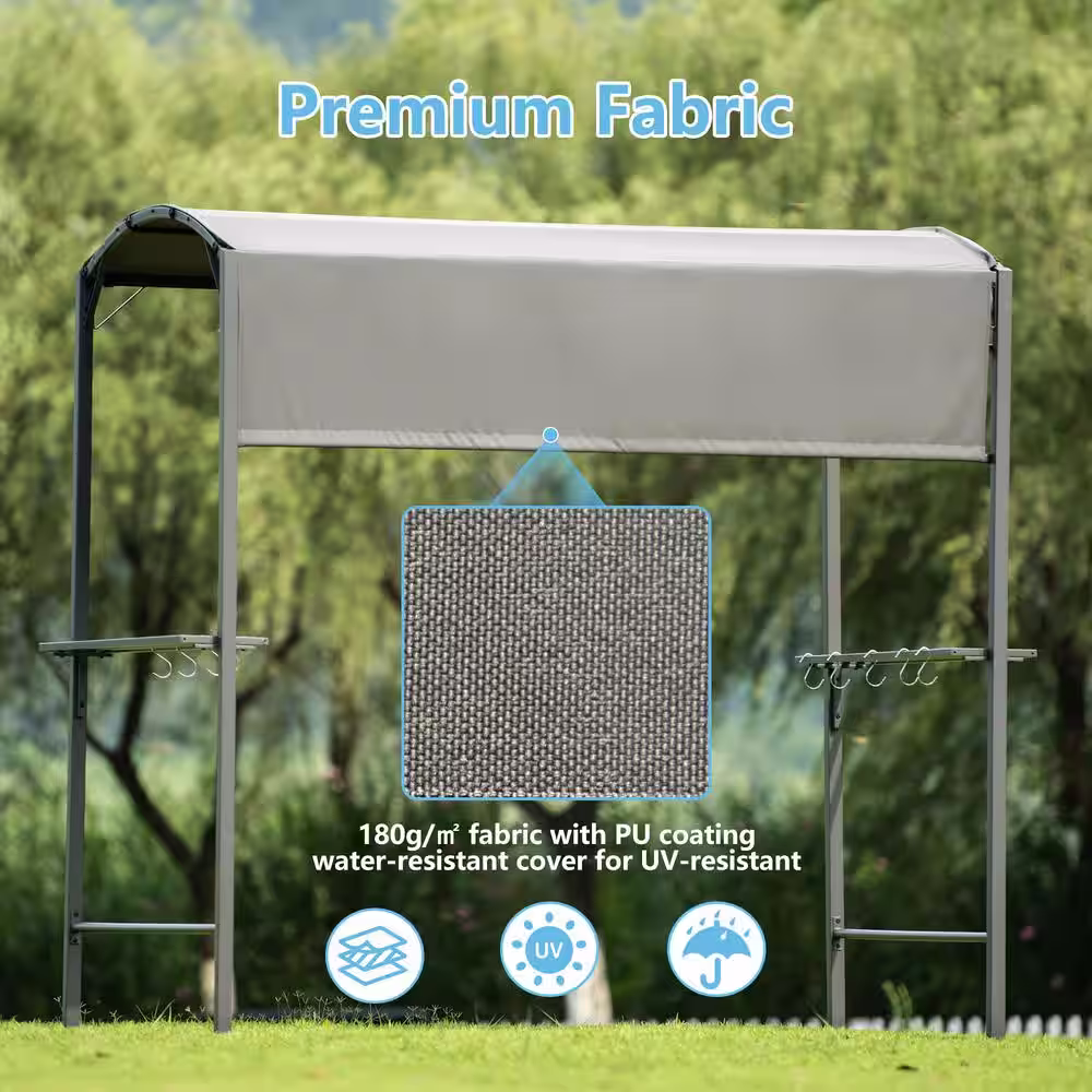 None 7 ft. . x 6.8 ft. Steel Double Tiered Backyard Patio BBQ Grill Gazebo with Side Awning, Bar Counters and Hooks, Gray