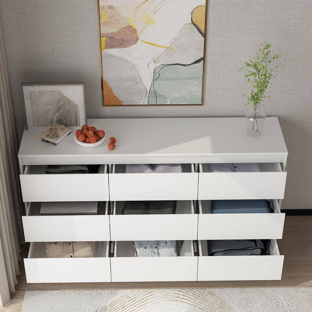 None 9-Drawer White Paint Finish Dresser Chest of Drawers 31.5 in. H x 63 in. W x 15.7 in. D