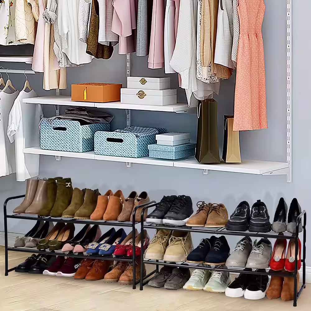 None 16 in. H 10-Pair Black Metal 2-Tiers Shoe Rack