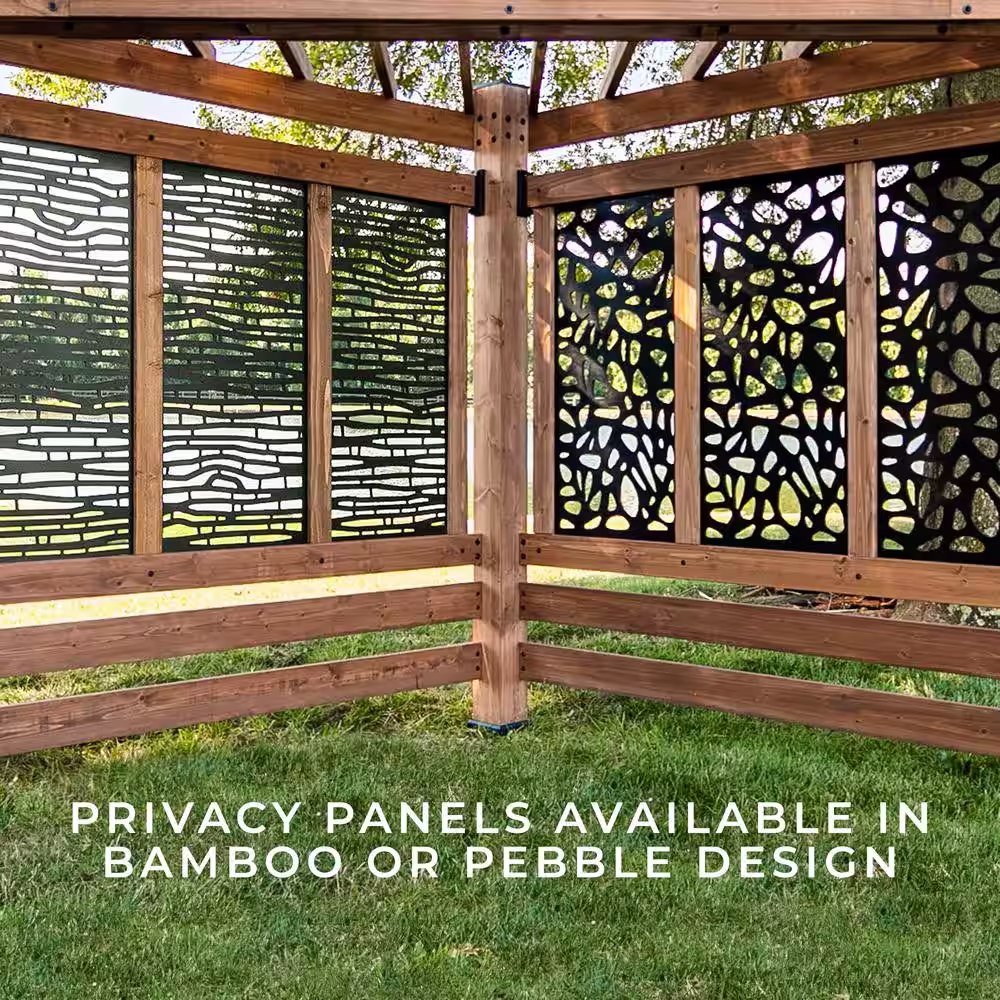 Backyard Discovery Tuscany 9 ft. x 9 ft. Light Brown Wooden Cabana Pergola with Bamboo Privacy Panels and Indigo Conversation Seating