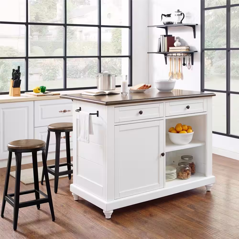 Dorel Living Petra 3-Piece White Kitchen Island with 2-Stools