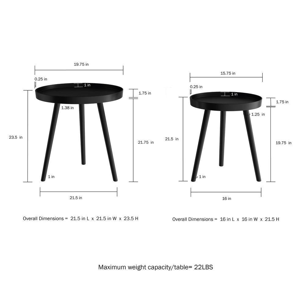 Lavish Home Wooden Nesting Round Tray Top Matte Black Side Tables (Set of 2)