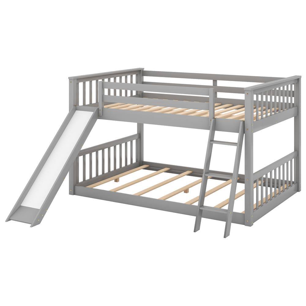 Harper & Bright Designs Classic Gray Full over Full Wooden Bunk Bed with Convertible Ladder and Slide