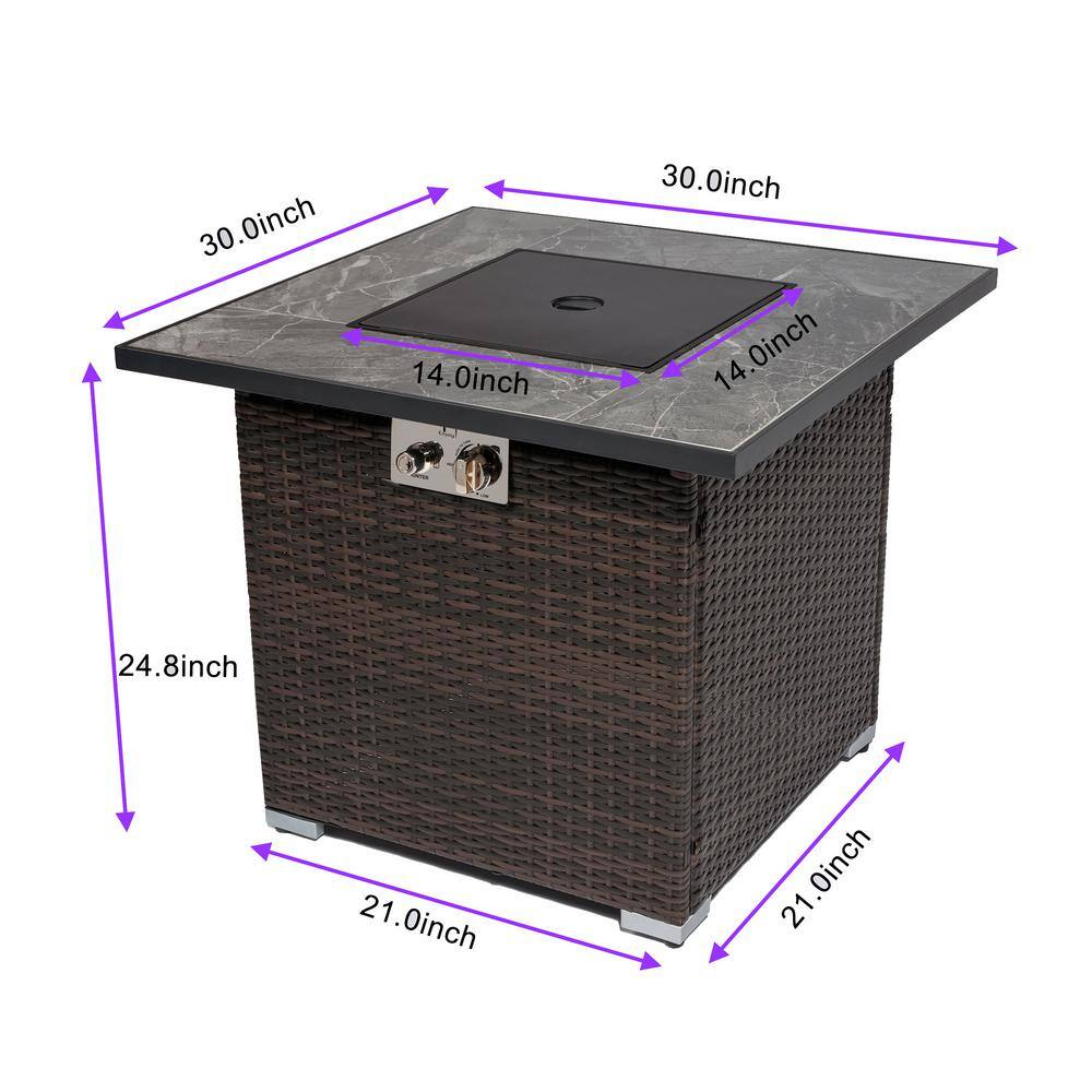 SUNRINX Brown Square Steel 30 in. 40000 BTU Propane Fire Pit Table with Glass Rocks and Rain Cover