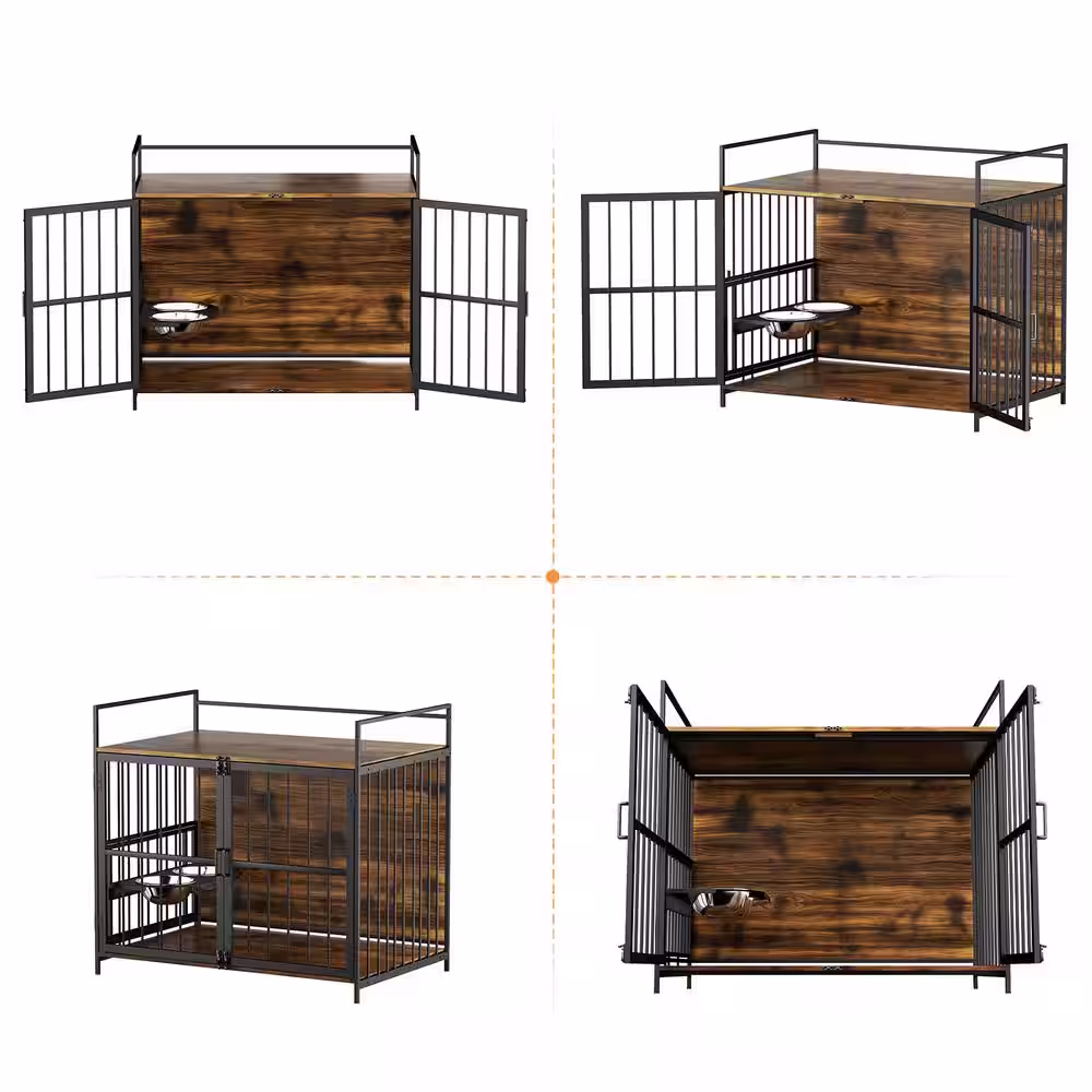 None Furniture Style Dog Crate with 2 Stainless Steel Bowls 48 in L x 30.3 in W x 43 in H Large