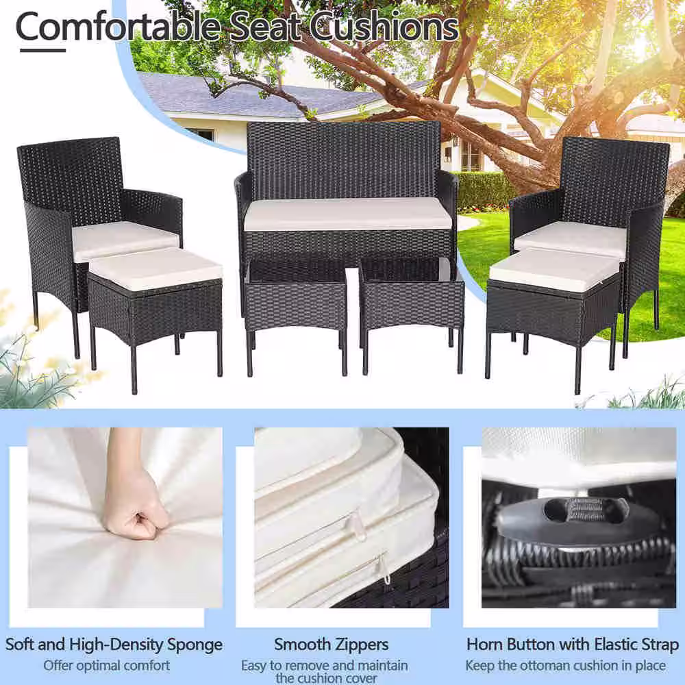 Costway 7-Pieces Patio Rattan Sofa Furniture Set Table Ottoman Metal Cushioned Outdoor Pool in White