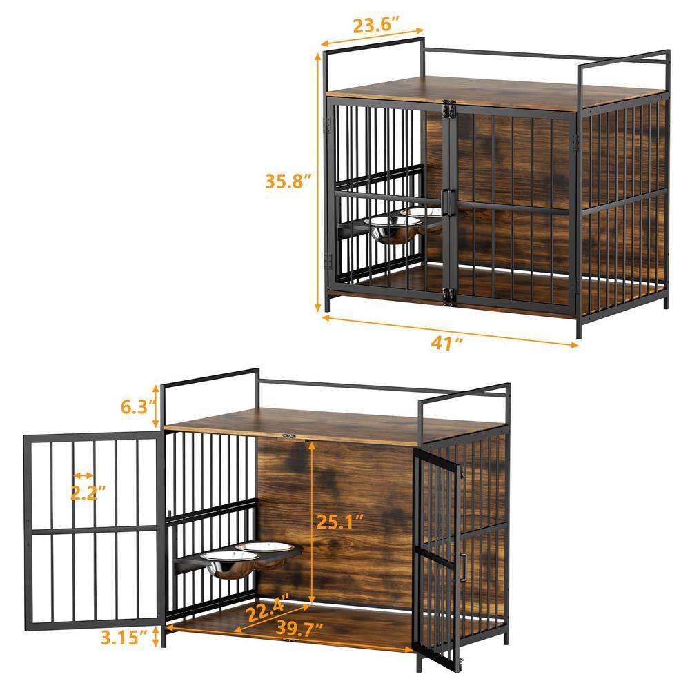 HOMLUX 41 in. L x 24 in. W x 36 in. H Furniture Style Dog Crate w/360-Degree Swivel & Height Adjustable Eating Rack and Dog Pad