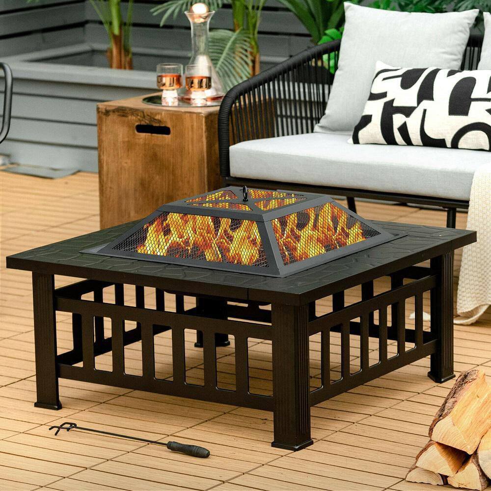 Gymax 32 in. 3-In-1 Outdoor Square Fire Pit Table with BBQ Grill Rain Cover for Camping