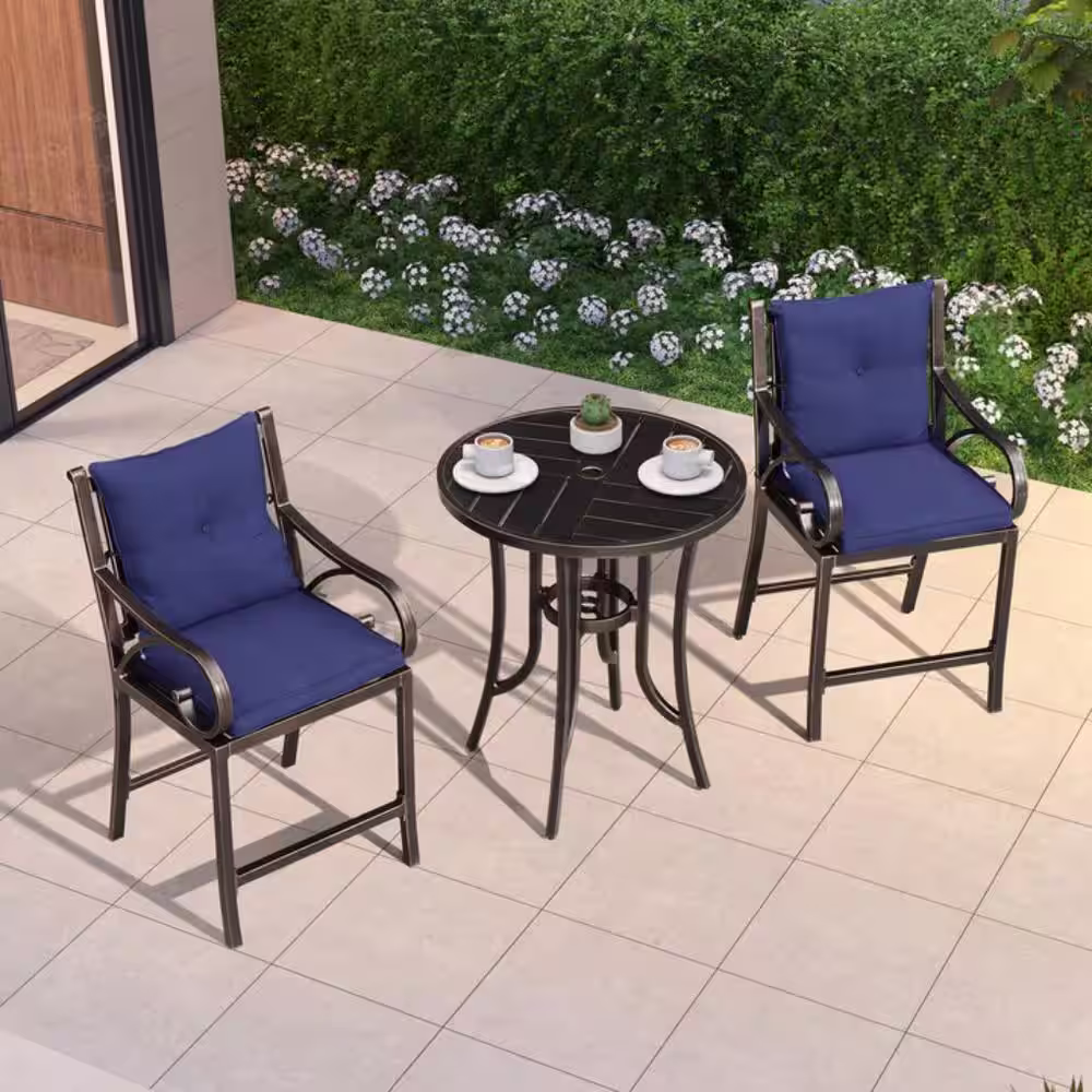 PURPLE LEAF Modern 3-Piece Cast Aluminum Outdoor Bistro Set with Back and Arm Navy Blue Cushion Counter Height Metal Bar Chairs